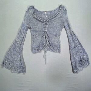 Free People Blue Marled Knit Bell Sleeve Drawstring Top Women M